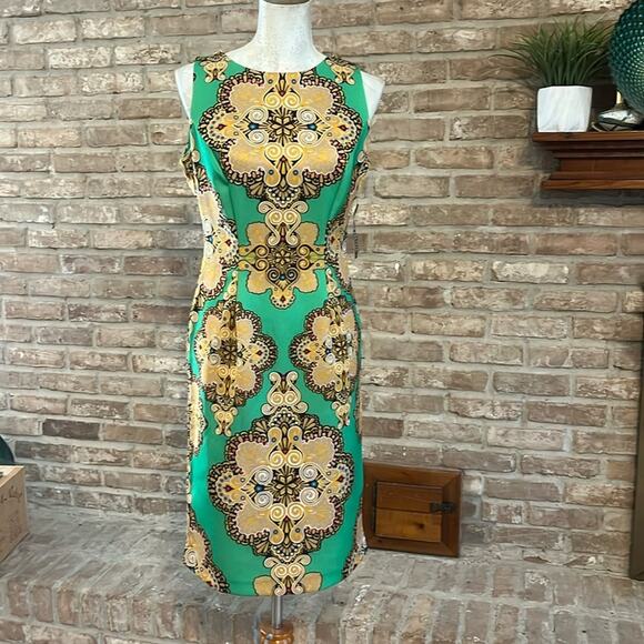 NWT WOMEN NEW YORK & COMPANY GOLD & GREEN MULTI STRETCH SHEATH DRESS SIZE S🔥 - Picture 1 of 5